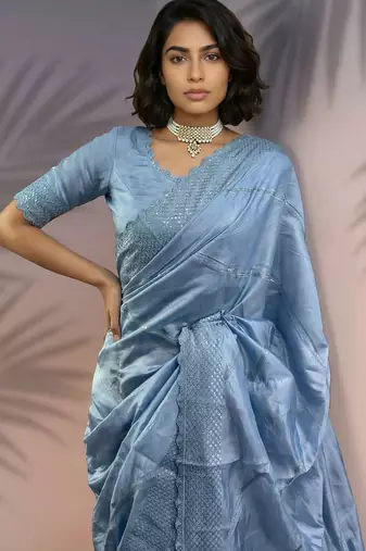 sky blue rasberry silk blend thread embroidery with sequins work saree with blouse