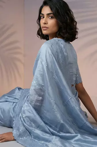 sky blue rasberry silk blend thread embroidery with sequins work saree with blouse