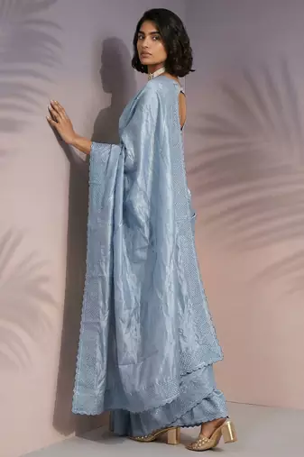 sky blue rasberry silk blend thread embroidery with sequins work saree with blouse