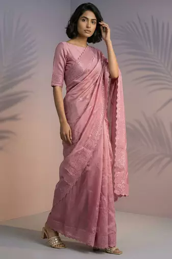 Pink rasberry silk thread embroidery with sequins work saree with blouse