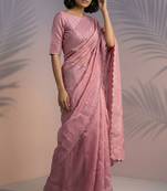 Pink rasberry silk thread embroidery with sequins work saree with blouse