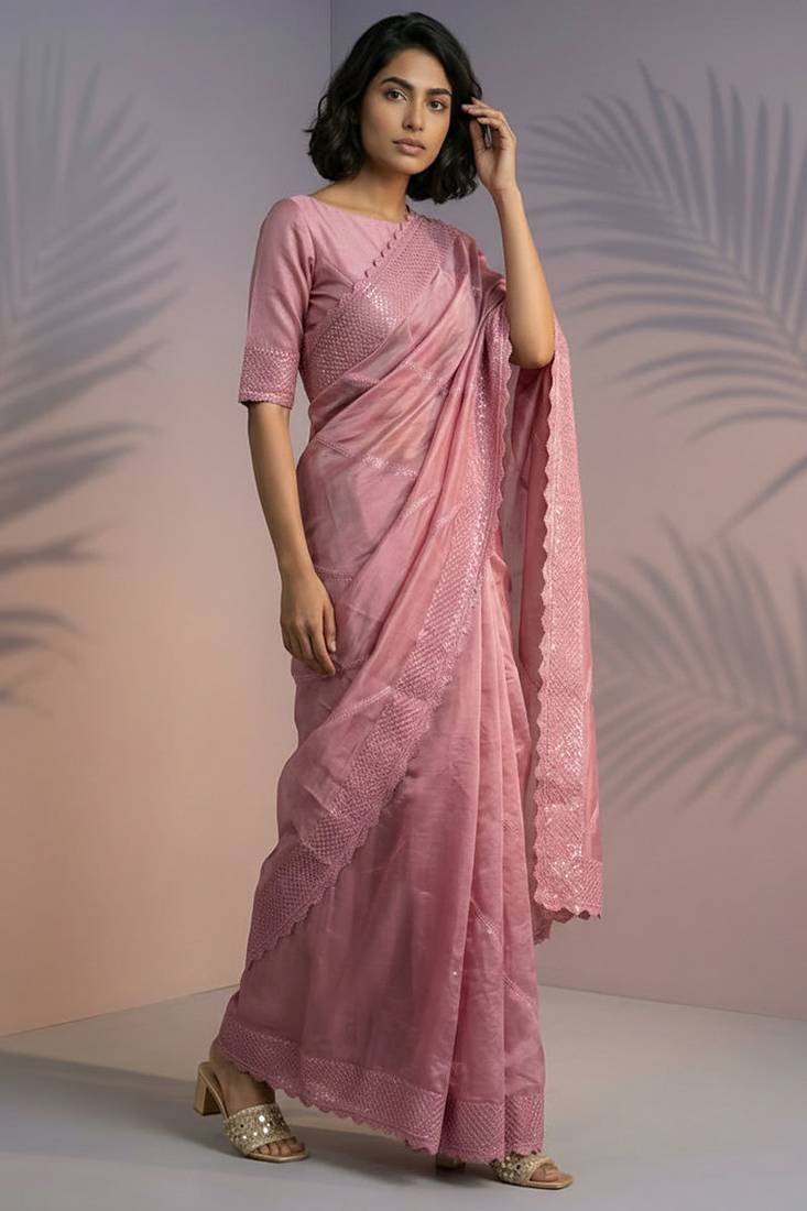 Pink rasberry silk thread embroidery with sequins work saree with blouse