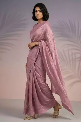 pink rasberry silk blend thread embroidery with sequins work saree with blouse