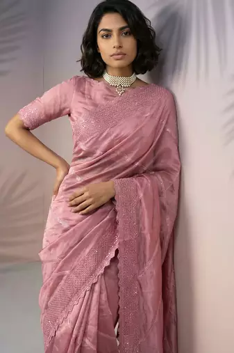 pink rasberry silk blend thread embroidery with sequins work saree with blouse