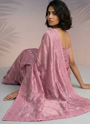 pink rasberry silk blend thread embroidery with sequins work saree with blouse 4