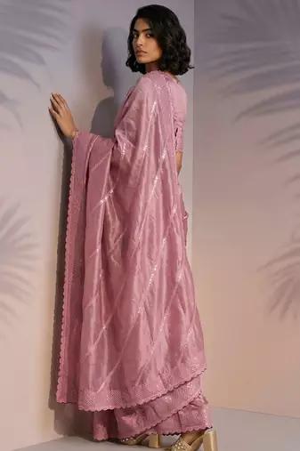 pink rasberry silk blend thread embroidery with sequins work saree with blouse