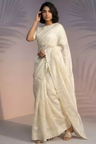 cream rasberry silk blend thread embroidery with sequins work saree with blouse