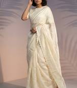 Cream rasberry silk thread embroidery with sequins work saree with blouse