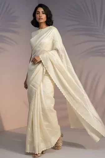 cream rasberry silk blend thread embroidery with sequins work saree with blouse
