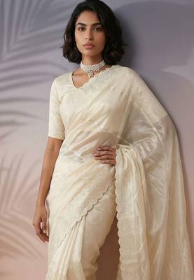 cream rasberry silk blend thread embroidery with sequins work saree with blouse 3