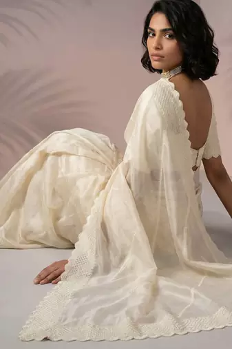 cream rasberry silk blend thread embroidery with sequins work saree with blouse
