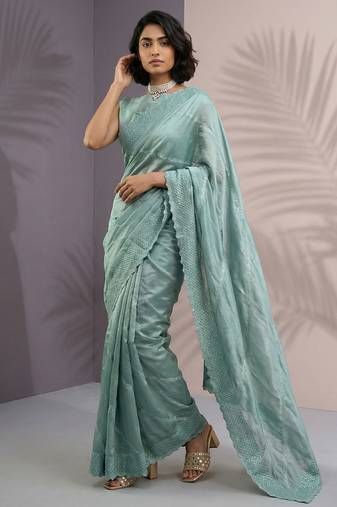 mint green rasberry silk blend thread embroidery with sequins work saree with blouse