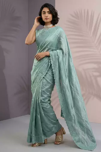 mint green rasberry silk blend thread embroidery with sequins work saree with blouse