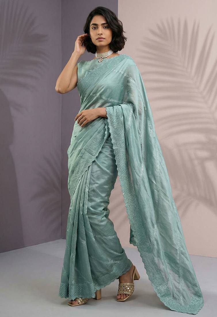 Mint green rasberry silk thread embroidery with sequins work saree with blouse