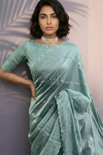 mint green rasberry silk blend thread embroidery with sequins work saree with blouse
