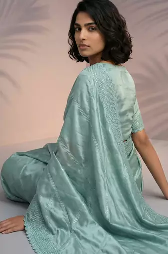 mint green rasberry silk blend thread embroidery with sequins work saree with blouse