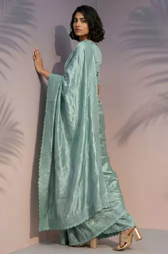 mint green rasberry silk blend thread embroidery with sequins work saree with blouse
