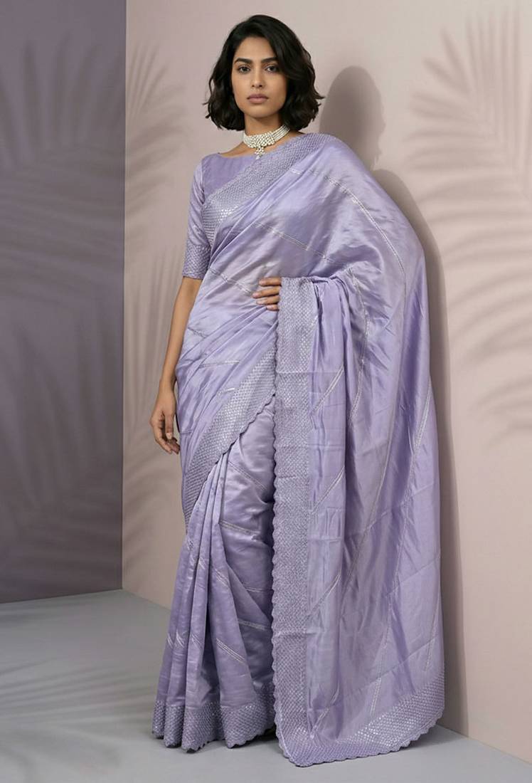 Lavender rasberry silk thread embroidery with sequins work saree with blouse