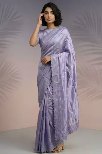 lavender rasberry silk blend thread embroidery with sequins work saree with blouse