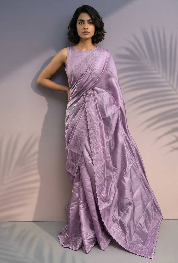 Mauve rasberry silk thread embroidery with sequins work saree with blouse