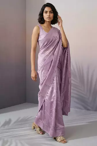 mauve rasberry silk blend thread embroidery with sequins work saree with blouse