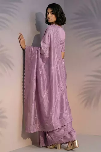 mauve rasberry silk blend thread embroidery with sequins work saree with blouse