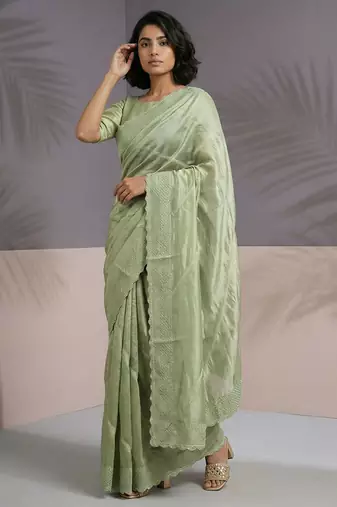 pista green rasberry silk blend thread embroidery with sequins work saree with blouse