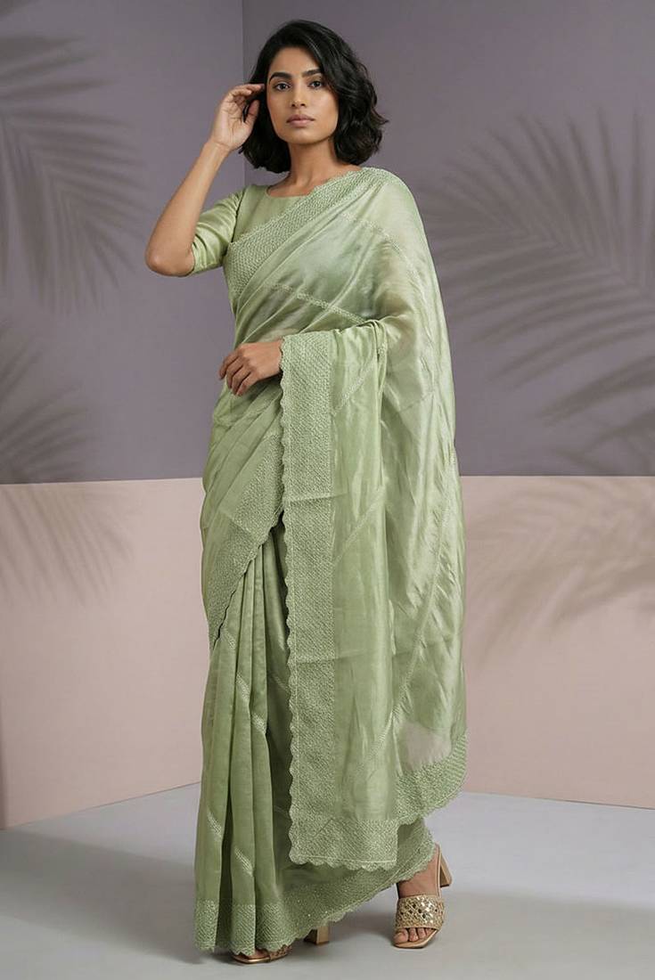 pista green rasberry silk blend thread embroidery with sequins work saree with blouse