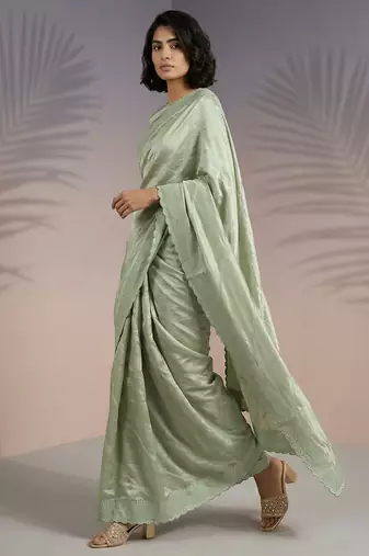 pista green rasberry silk blend thread embroidery with sequins work saree with blouse