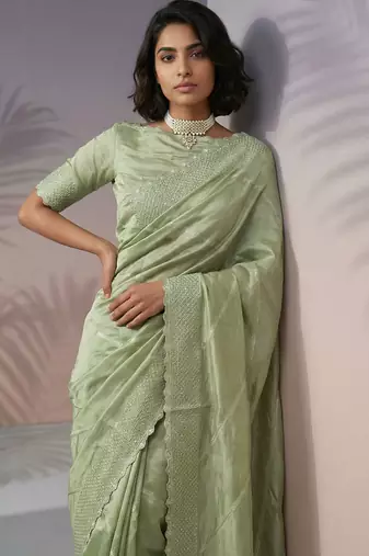 pista green rasberry silk blend thread embroidery with sequins work saree with blouse