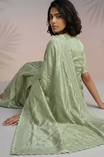pista green rasberry silk blend thread embroidery with sequins work saree with blouse