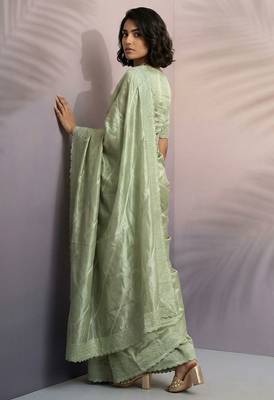 pista green rasberry silk blend thread embroidery with sequins work saree with blouse 5