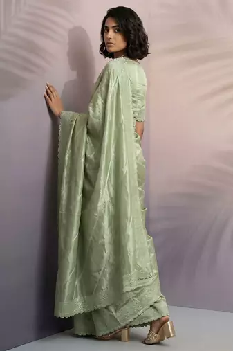 pista green rasberry silk blend thread embroidery with sequins work saree with blouse
