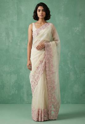 cream chanda silk blend thread flower embroidery cut work saree with blouse 1