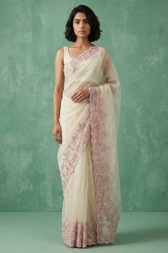 cream chanda silk blend thread flower embroidery cut work saree with blouse