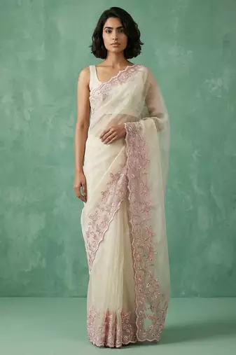 cream chanda silk blend thread flower embroidery cut work saree with blouse