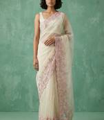 Cream chanda silk thread flower embroidery cut work saree with blouse