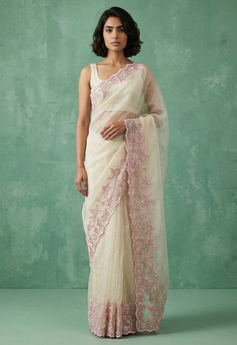 Cream chanda silk thread flower embroidery cut work saree with blouse