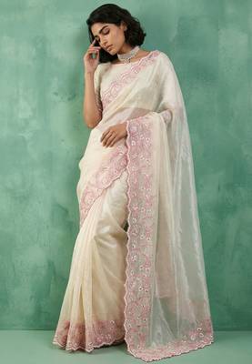 cream chanda silk blend thread flower embroidery cut work saree with blouse 2