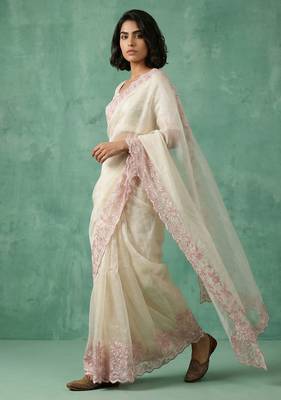 cream chanda silk blend thread flower embroidery cut work saree with blouse 3