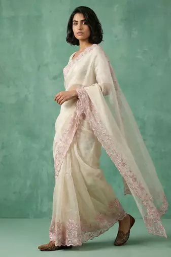 cream chanda silk blend thread flower embroidery cut work saree with blouse