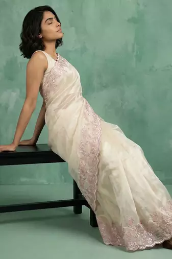 cream chanda silk blend thread flower embroidery cut work saree with blouse