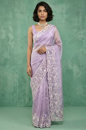 lavender chanda silk blend thread flower embroidery cut work saree with blouse