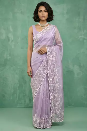 lavender chanda silk blend thread flower embroidery cut work saree with blouse