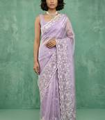Lavender chanda silk thread flower embroidery cut work saree with blouse