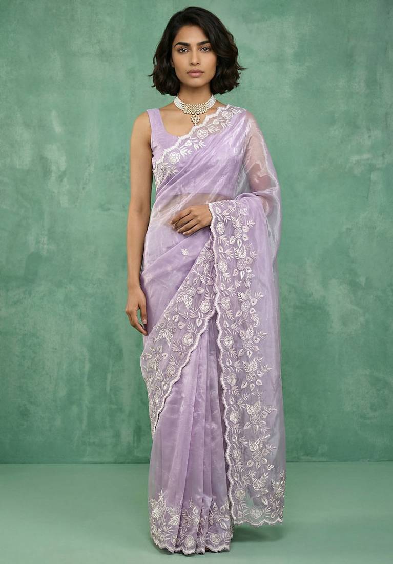Lavender chanda silk thread flower embroidery cut work saree with blouse