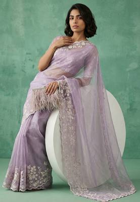 lavender chanda silk blend thread flower embroidery cut work saree with blouse 2