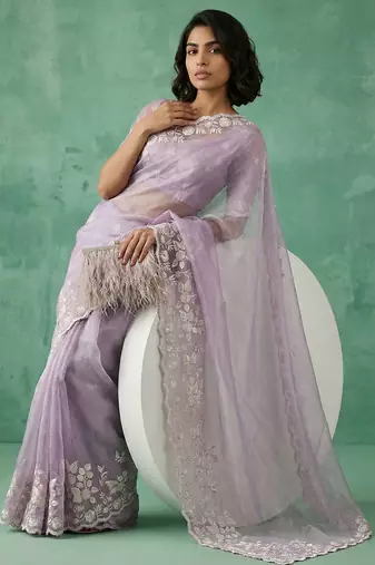 lavender chanda silk blend thread flower embroidery cut work saree with blouse