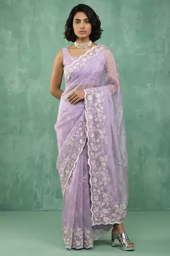 lavender chanda silk blend thread flower embroidery cut work saree with blouse