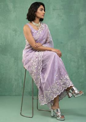 lavender chanda silk blend thread flower embroidery cut work saree with blouse 4